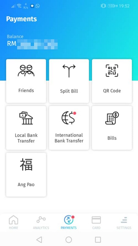 Bahagian payment dalam aplikasi BigPay