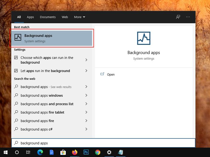 window 10 search background apps