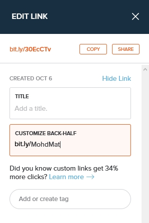 edit link bitly untuk letak nama anda