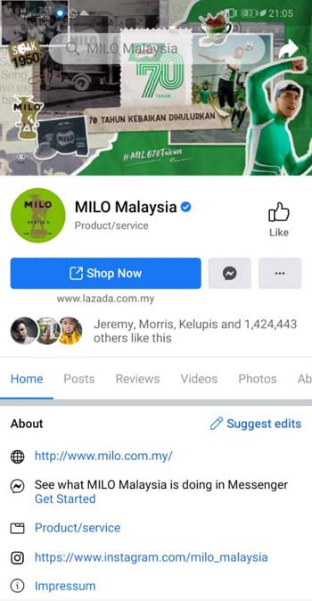 paparan facebook page milo mobile