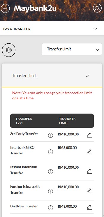 paparan ubah transfer limit