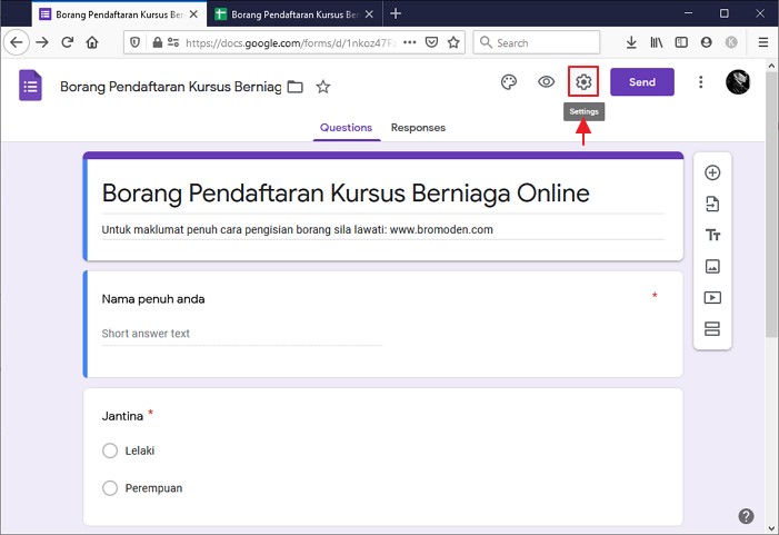 akses ke setting borang google form