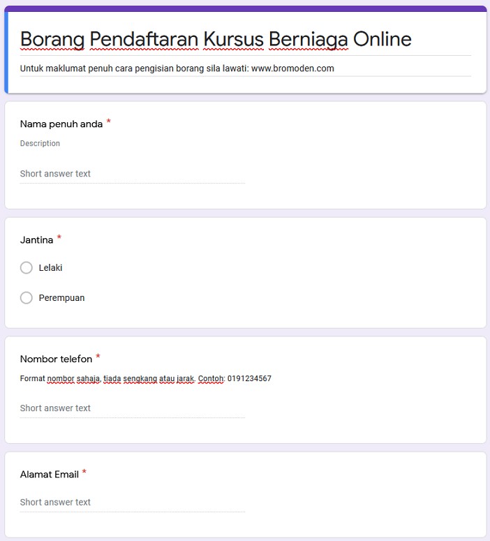 contoh borang soalan google form