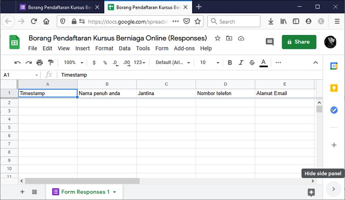 paparan spreadsheet untuk kumpul data dari borang