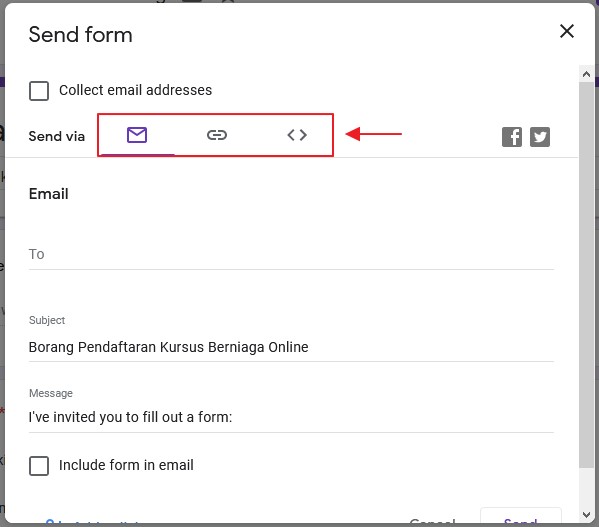 pilihan cara edar borang google form