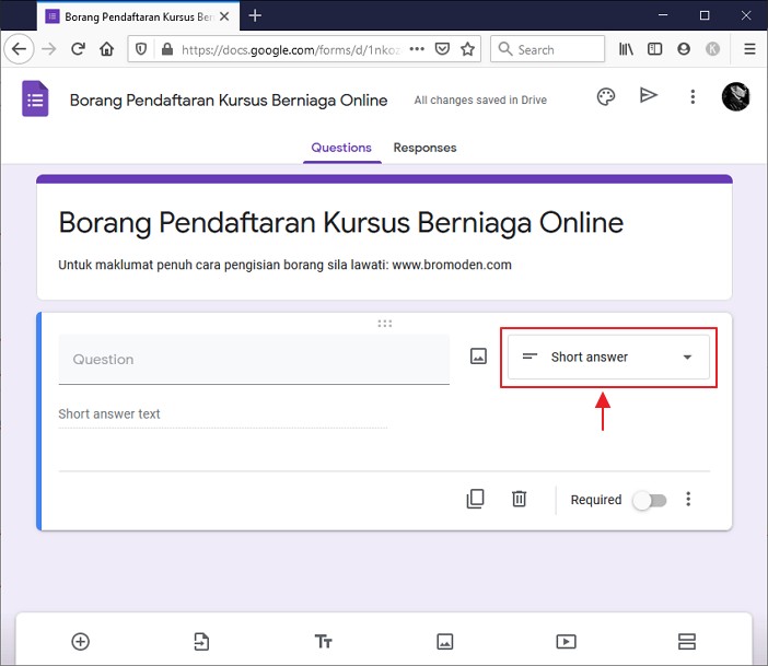 pilihan dropdown jenis data untuk jawapan