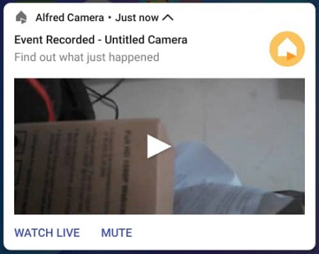 notifikasi amaran daripada aplikasi Alfred Home Security Camera