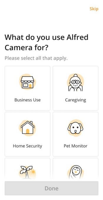 Pilih kegunaan Aplikasi Alfred Home Security Camera.