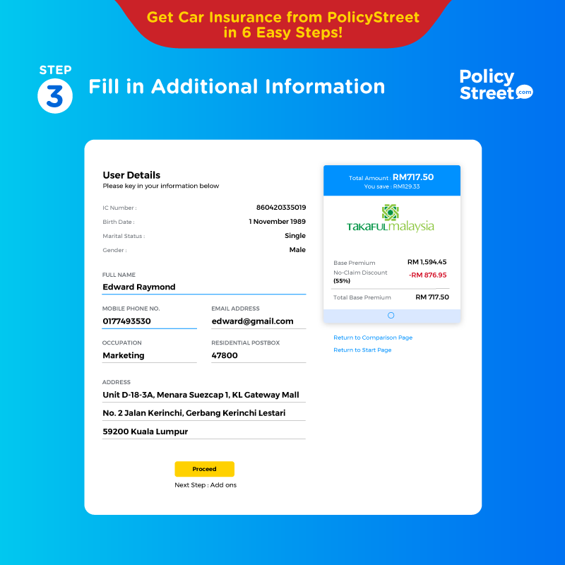 langkah 3 cara renew insurance kereta online - masukkan info tambahan