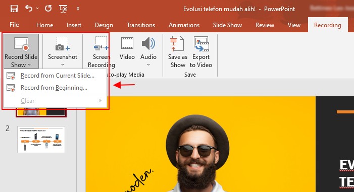 pilihan record slideshow untuk rakam suara powerpoint