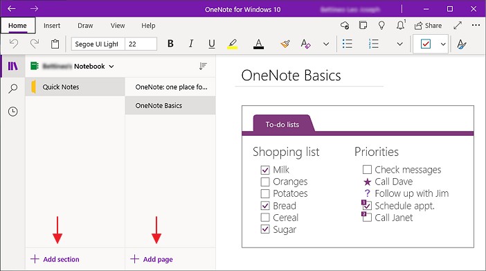 add section dan add text dalam onenote rv1