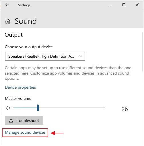 manage sound device dalam sound setting