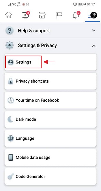 menu setting di bawah bahagian setting dan privacy