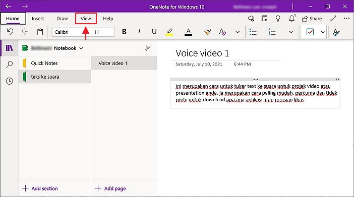 menu view dalam onenote