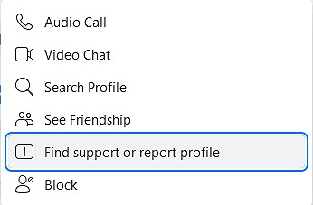 pilih find support or report profile