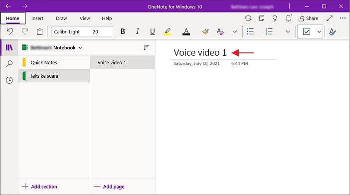 ruangan tajuk untuk page dalam onenote