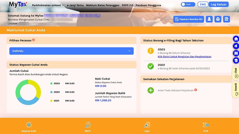 Paparan utama akaun Portal MyTax