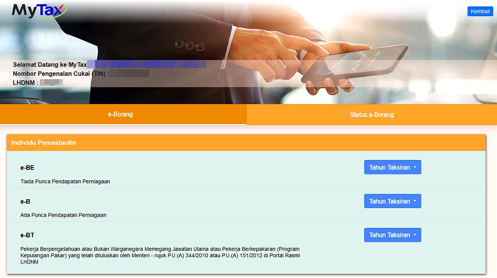 Pilih tahun taksiran untuk e-Borang.
