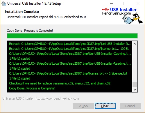 paparan progam universal usb installer yang menandakan proses install os dalam pendrive sudah siap.