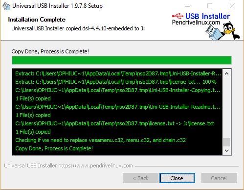 paparan progam universal usb installer yang menandakan proses install os dalam pendrive sudah siap.