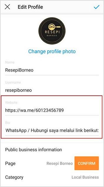 cara letak link whatsapp dalam instagram