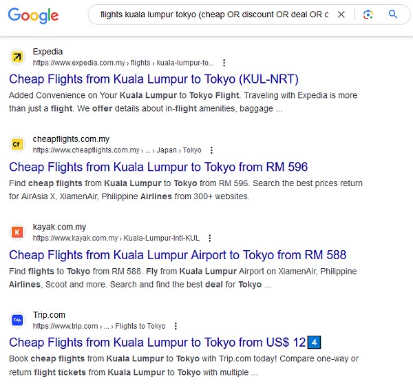 google search operator untuk mencari tiket penerbangan murah.