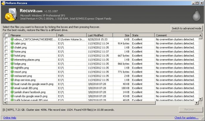 Contoh hasil scan recuva untuk dapatkan semula file yang hilang.