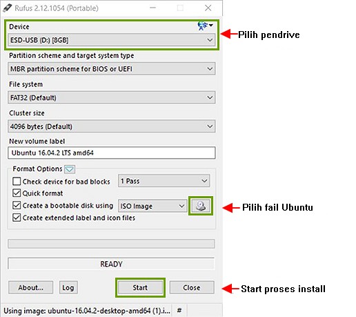Tetapan Rufus untuk install Ubuntu dalam pendrive.