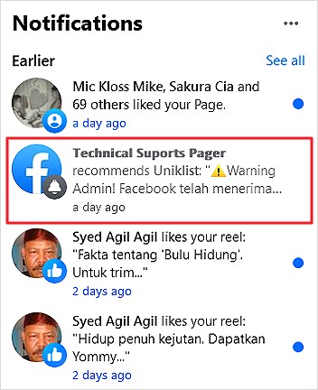 notifikasi daripada phishing muncul di facebook page